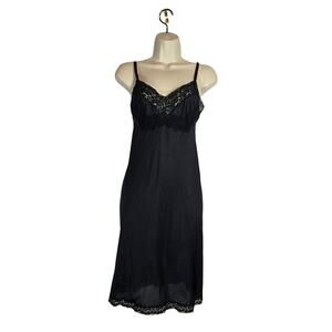 Vtg Nylon Lace Black Full Slip Dress Midi Goth Trim Romantic Intimates 6 36